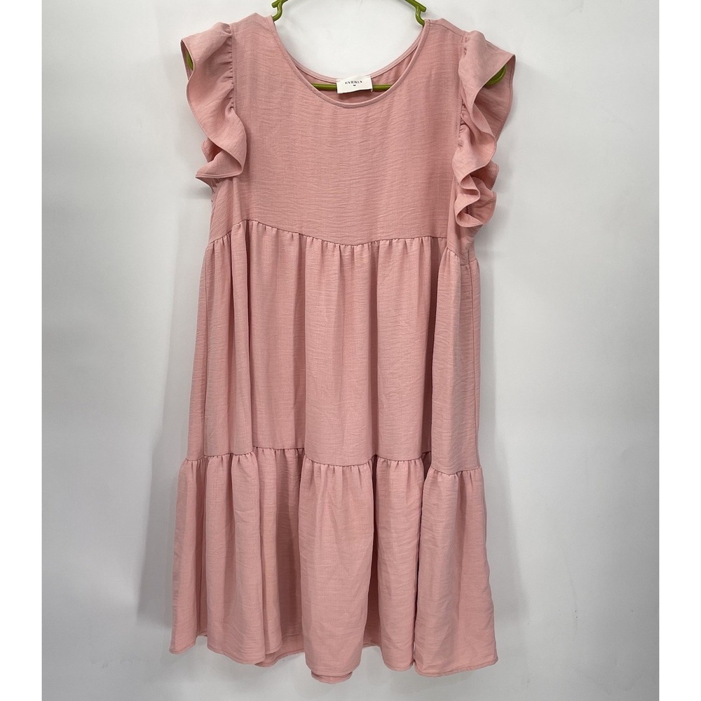 Everly Medium Babydoll Dress Women Pink Ruffle Flutter Sleeve Tiered Mini